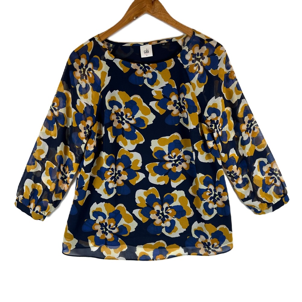 Cabi Lydia Floral Print‎ 3/4 Sleeve Blouse Top Navy Blue Women's Small 3426